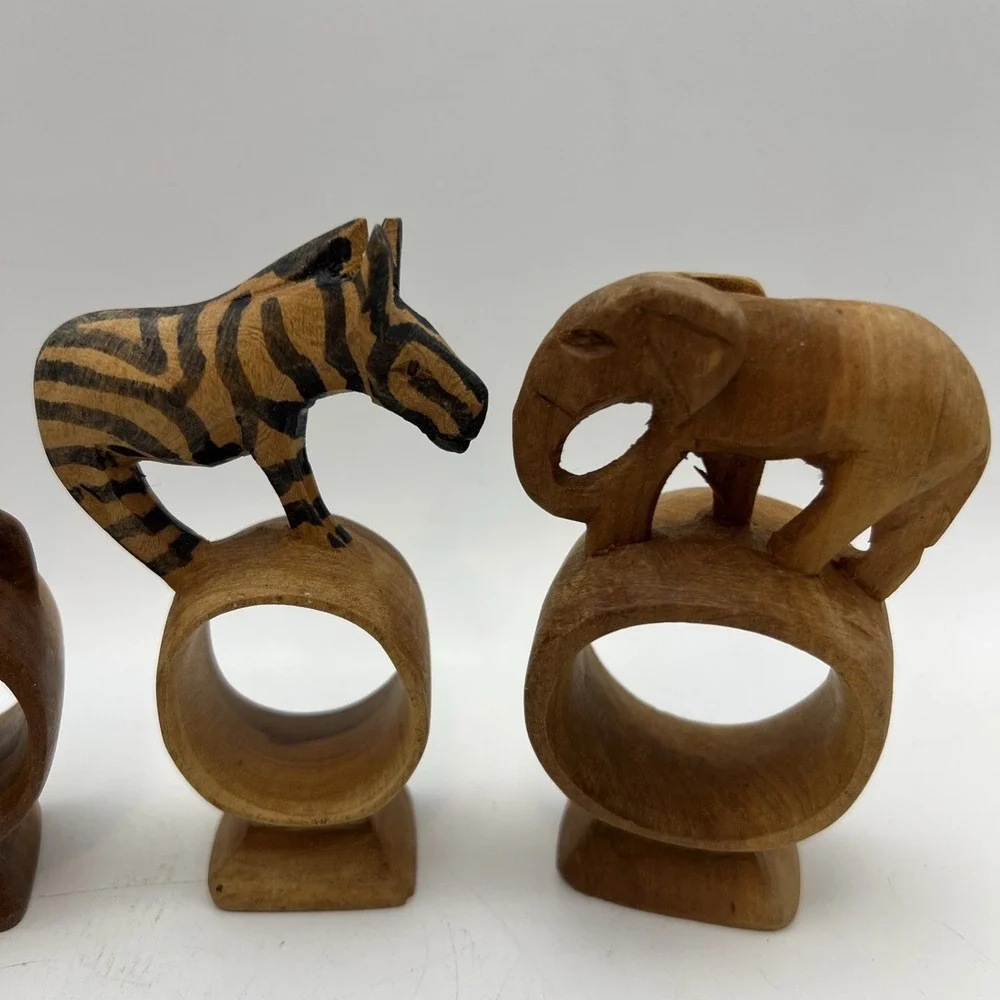 Set of 4 Vintage Hand Carved African Safari Animal Wooden Napkin Rings Footed